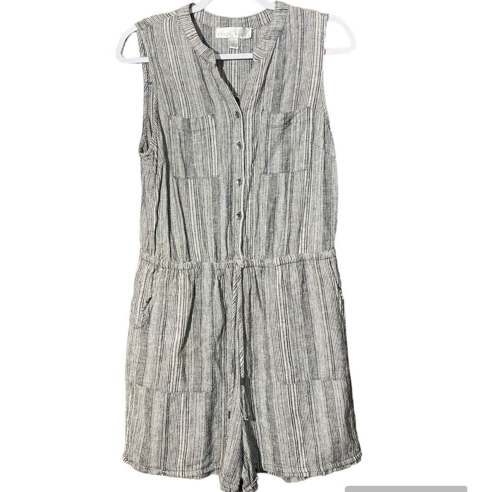 Kelly Renee Black White Striped Romper Jumper Linen Blend Shorts Women's Size S